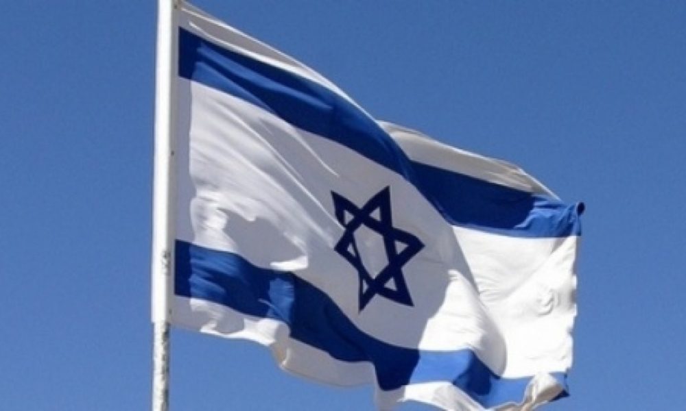 The flag of Israel, designed on the Romanian Parliament building