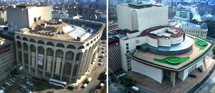 Cum arată Teatrul Național, văzut de pe Intercontinental, înainte și după renovare