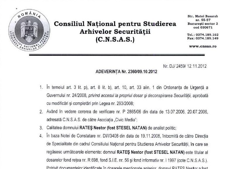 Nestor Rateş a fost „informator” şi „sursă”, dar n-a „colaborat cu Securitatea”