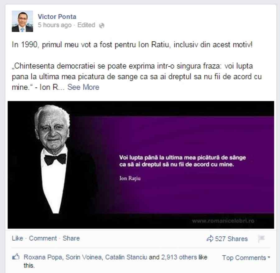 Ponta îşi face reclamă cu fotografia lui Ion Raţiu