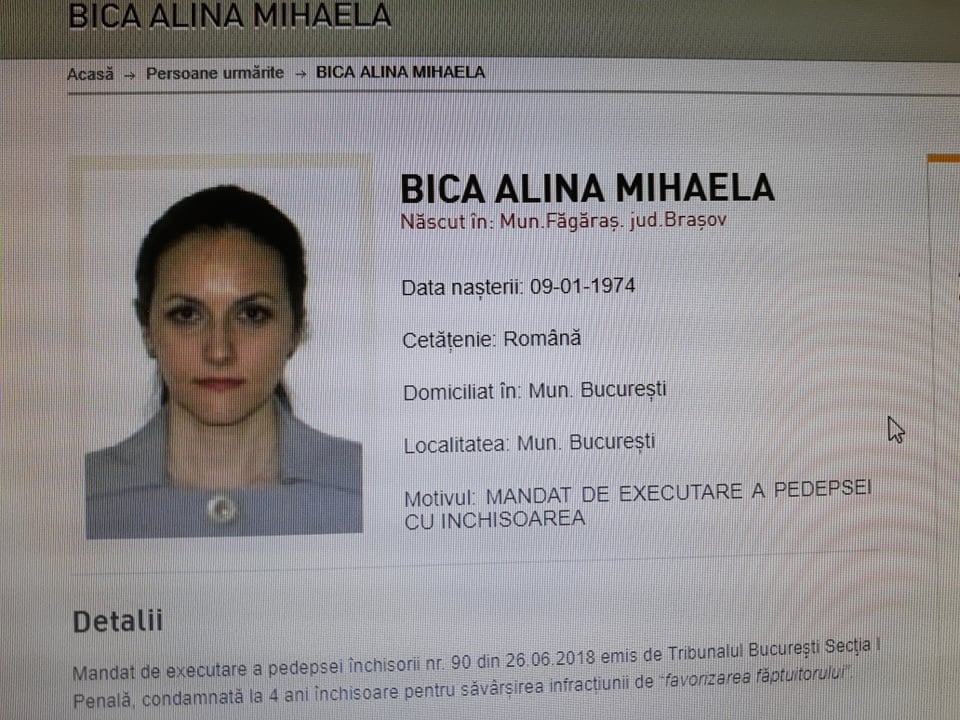 Alina Bica, dată în urmărire generală