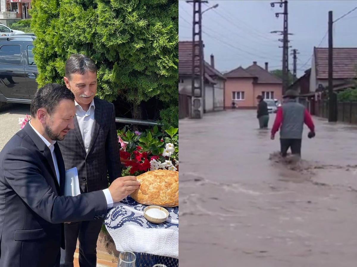 Cu vin, pâine și sare într-o comună afectată de inundații. Fechet: E tradiție