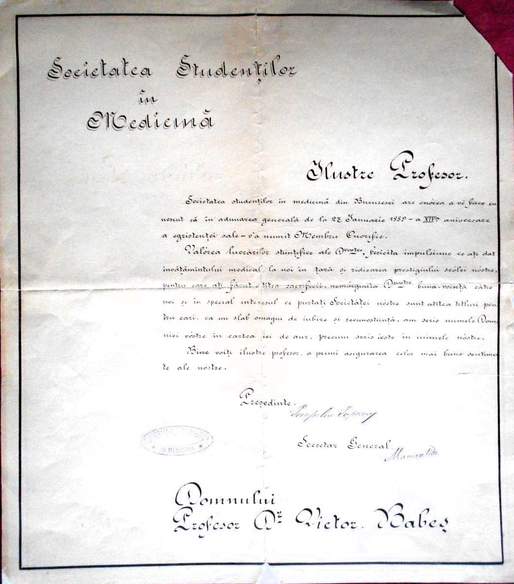 Dr. Victor Babeș – membru de onoare al SSM din București și Cluj
