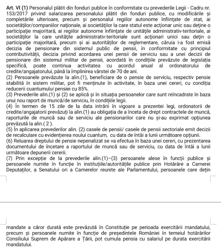 Excepții de la cumul pensie salariu Captură Radu Eremia