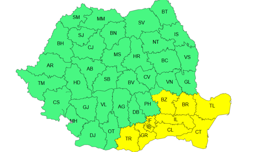 Cod galben de vânt în București și 9 județe