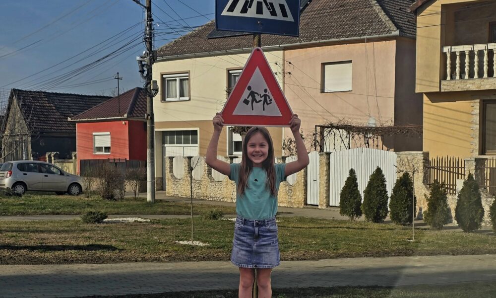 Indicatoare inedite care-i avertizează pe șoferi că se apropie de școli: Copii care țin în mâini semne de circulație