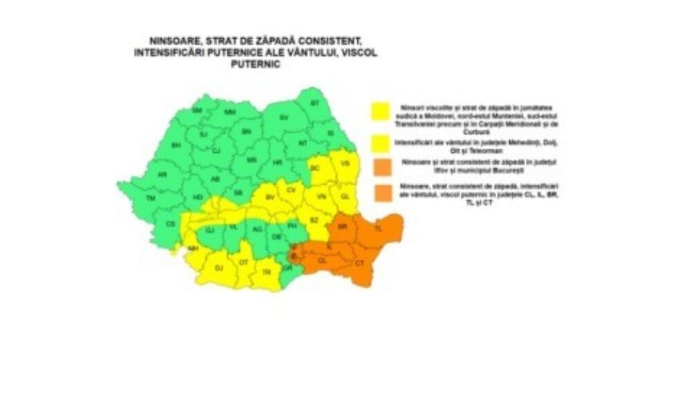 Avertizări meteo: Cod galben și Cod portocaliu de ninsori și viscol