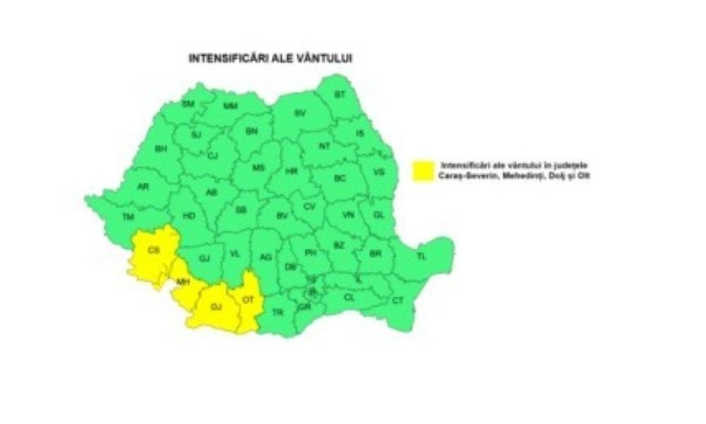 Vânt puternic în toată țara, patru județe sub Cod galben