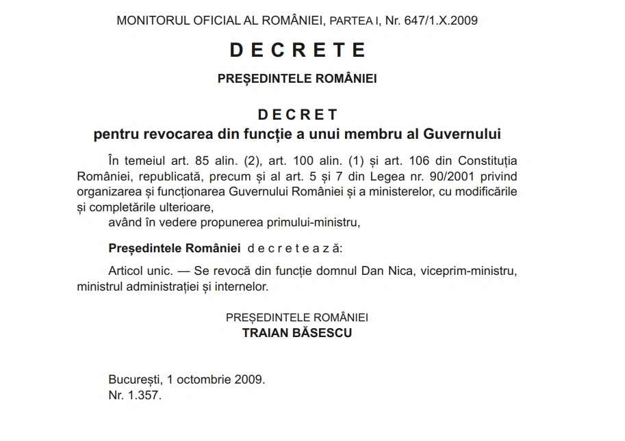 Decret revocare Dan Nica - 2009