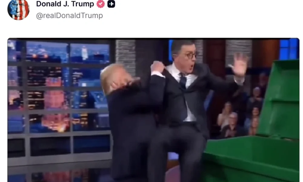 Trump lovește din nou: a postat un clip realizat cu AI în care îl aruncă pe Stephen Colbert la tomberon după anularea emisiunii
