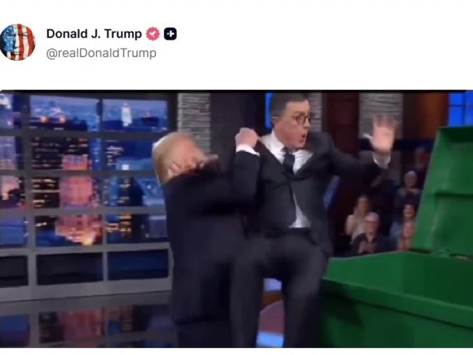 Trump lovește din nou: a postat un clip realizat cu AI în care îl aruncă pe Stephen Colbert la tomberon după anularea emisiunii