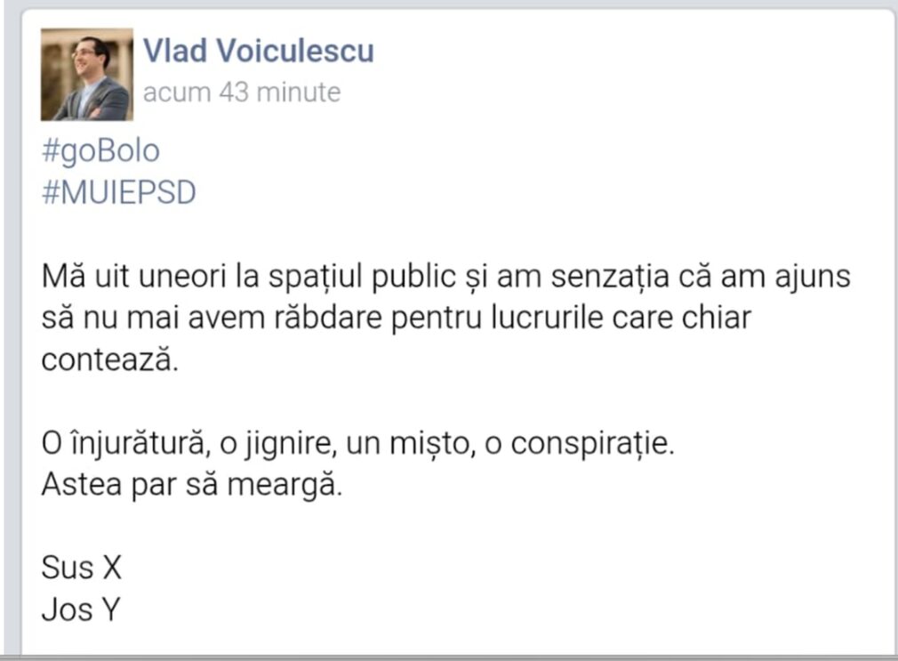 Consilierul prezidențial Vlad Voiculescu, mesaj obscen pe Facebook: M***E  PSD. Ulterior, a editat postarea