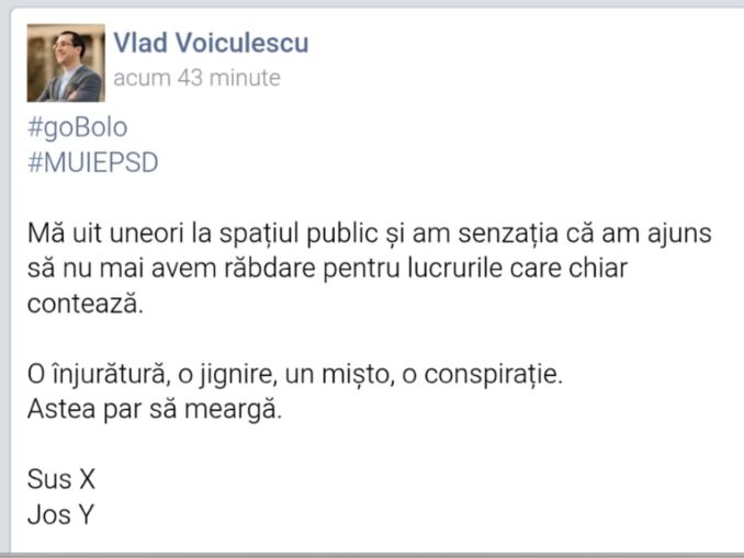 Consilierul prezidențial Vlad Voiculescu, mesaj obscen pe Facebook: M***E  PSD. Ulterior, a editat postarea