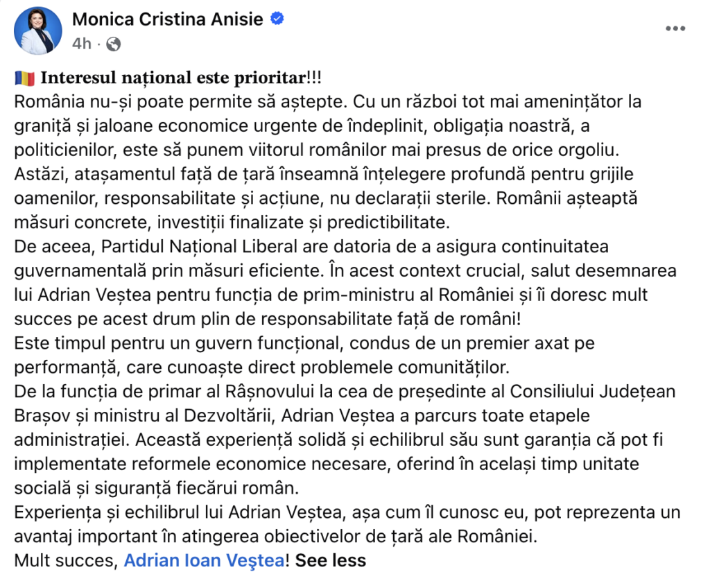 Monica Anisie îl susține pe Adrian Veștea