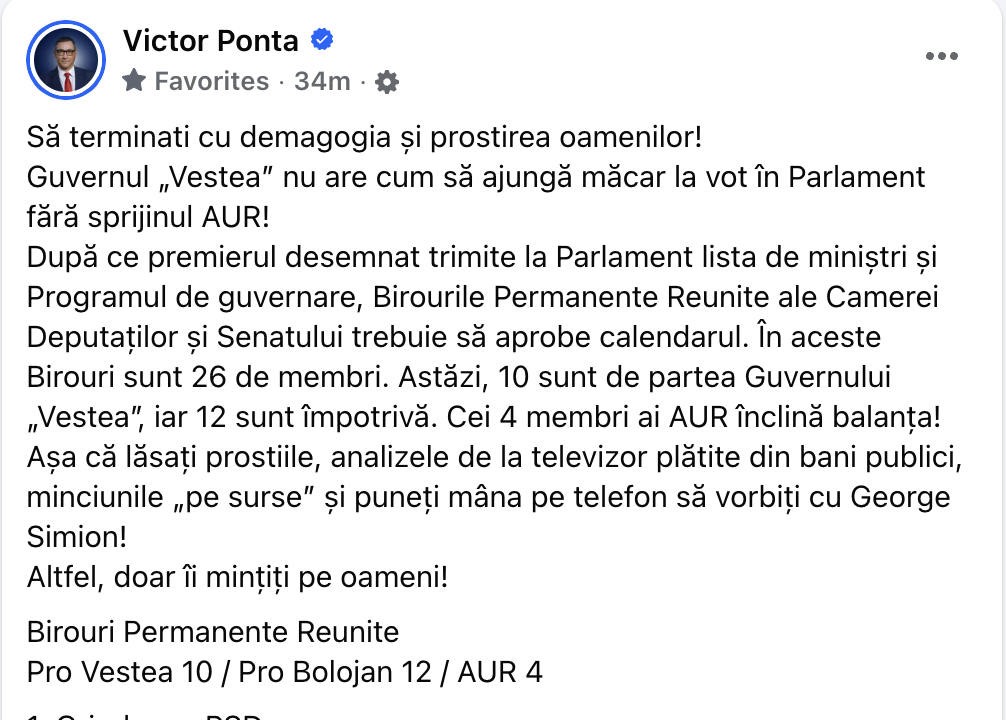 Victor Ponta, despre voturile pentru Veștea