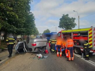 VIDEO Accident grav în Bacău. Un șofer a ajuns la spital după ce mașina s-a izbit de un copac și s-a răsturnat