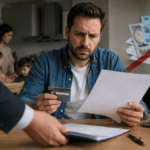 Poprire pe salariu: ilustrație cu un bărbat îngrijorat