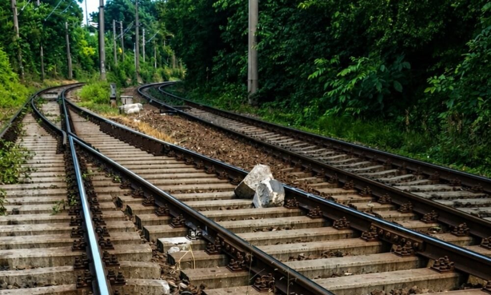 Obstacole pe calea ferată. Un tren de marfă a dat peste o placă de beton și un dispozitiv pentru manevrarea macazului