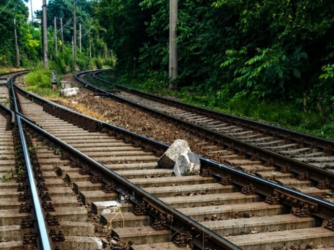 Obstacole pe calea ferată. Un tren de marfă a dat peste o placă de beton și un dispozitiv pentru manevrarea macazului