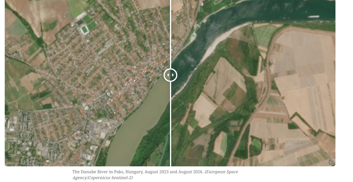 CNN - Râul Dunărea în Paks, Ungaria, august 2023 și august 2026. Agenția Spațială Europeană/Copernicus Sentinel-2
