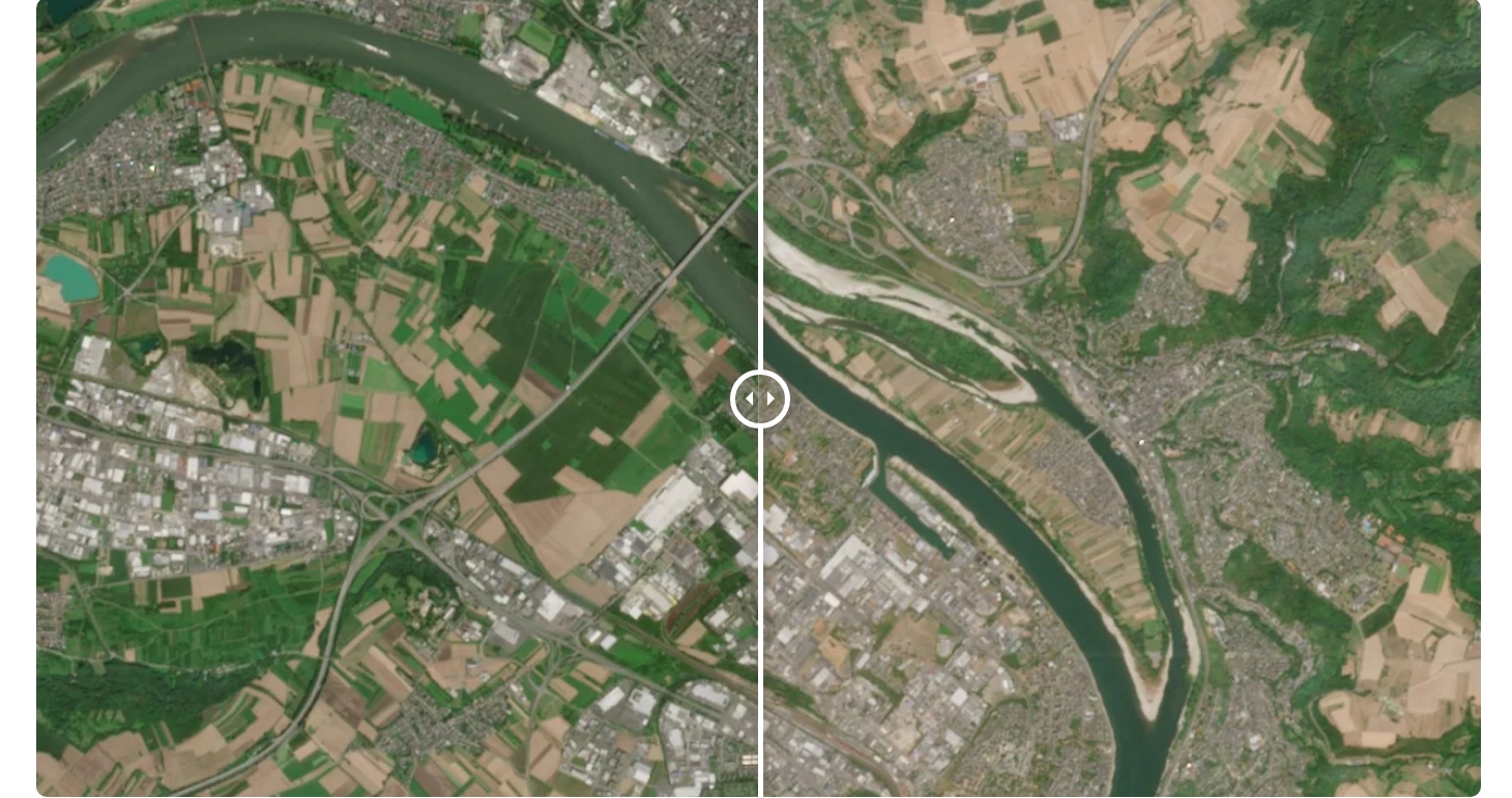Râul Rin în Koblenz, Germania, în august 2023 și în august 2026. Agenția Spațială Europeană/Copernicus Sentinel-2