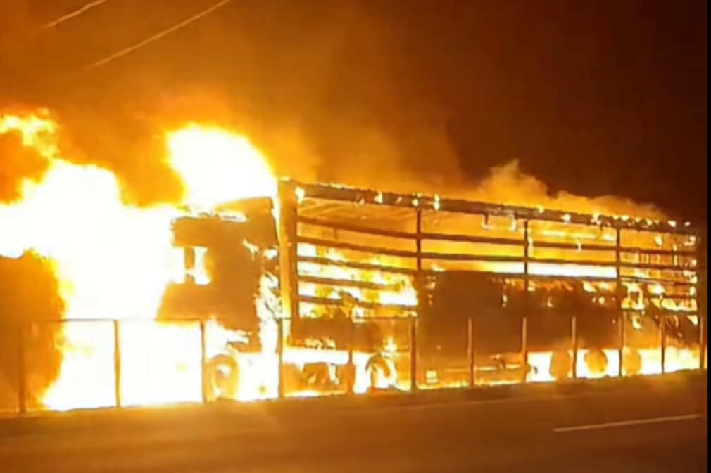 VIDEO TIR încărcat cu bomboane, distrus de un incendiu pe DN5, în județul Giurgiu