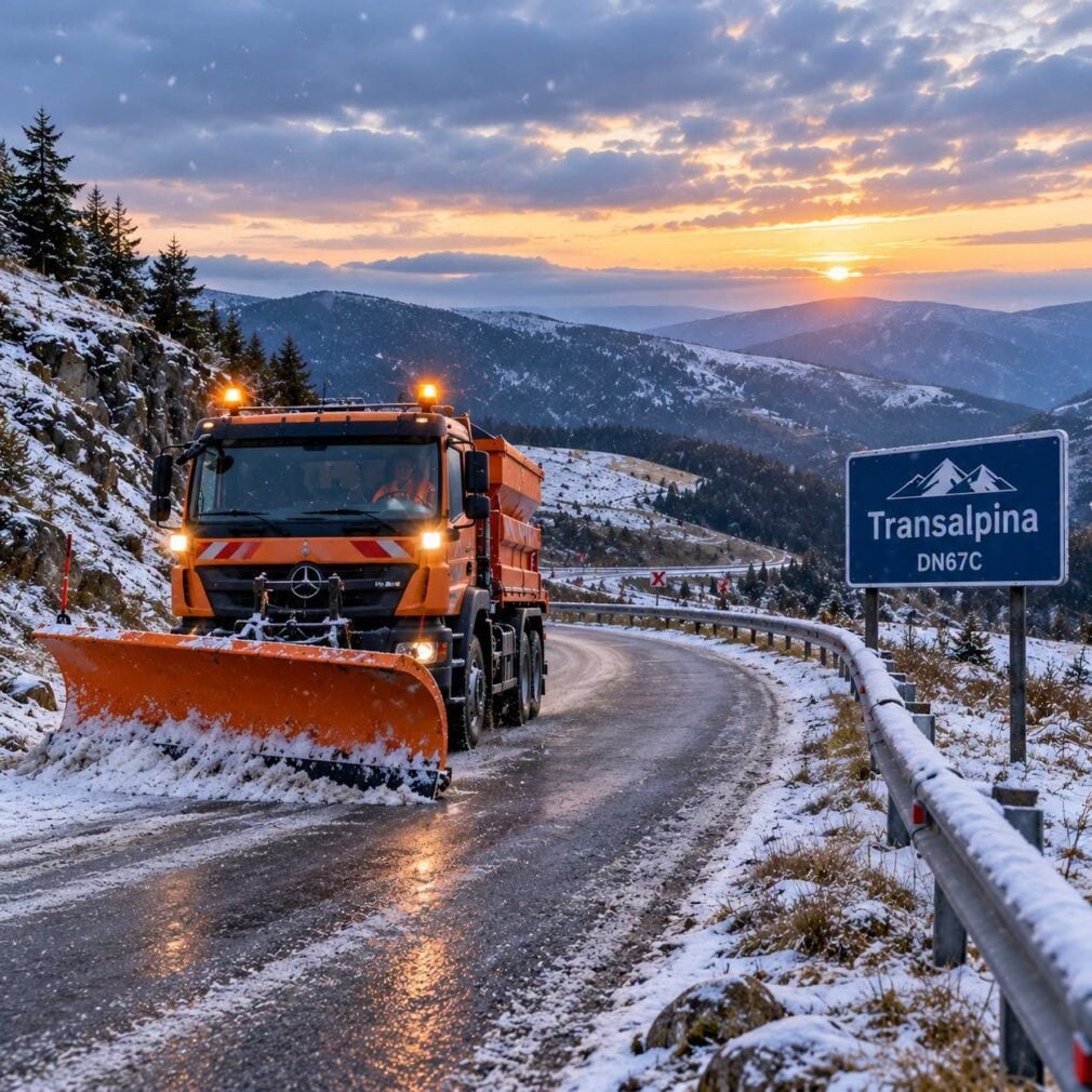 VIDEO Iarna a ajuns pe Transalpina. Drumarii intervin cu material antiderapant