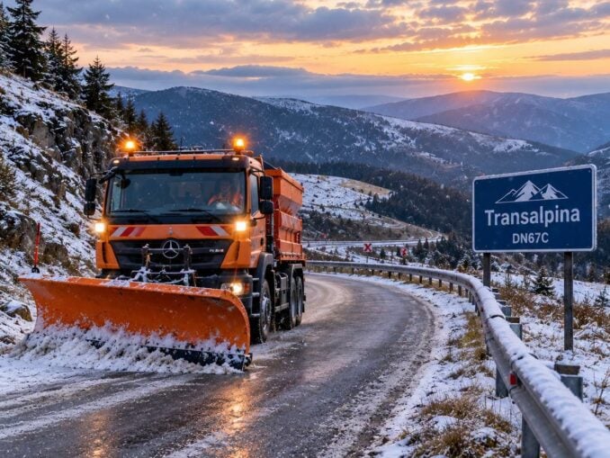 VIDEO Iarna a ajuns pe Transalpina. Drumarii intervin cu material antiderapant