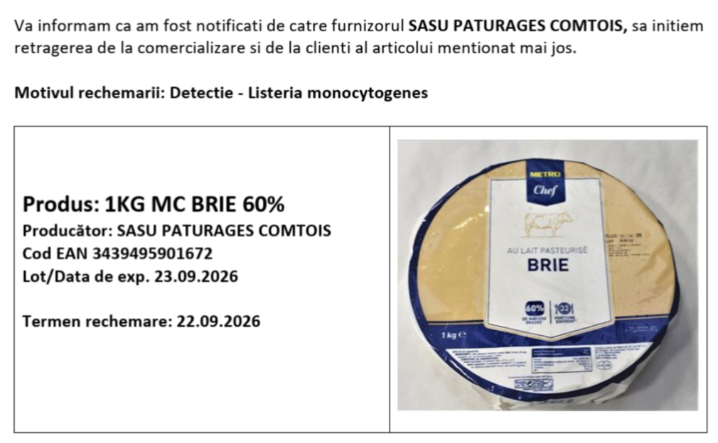 Alertă alimentară în magazinele METRO. Brânză Brie rechemată de urgență din cauza bacteriei Listeria