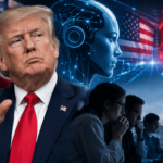 Donald Trump și o reprezentare a inteligenței artificiale, pe fundalul rivalității tehnologice dintre Statele Unite și China, în contextul avertismentelor privind riscurile AI.