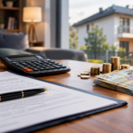 Calculator și contract de credit ipotecar alături de bani în lei, cu o casă în fundal.