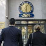Imagine ilustrativă cu sediul DNA și două persoane care se îndreaptă spre instituție