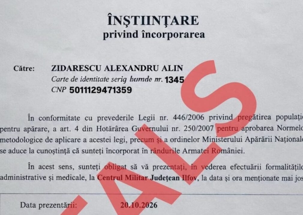 Un document care anunță încorporarea tinerilor pe 20 octombrie circulă online. Reacția MApN e categorică: „O încercare de manipulare a populaţiei”