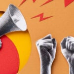 Ilustrație digitală cu o trompetă și mâini ridicate în semn de protest, pentru articolul despre Guy Verhofstadt și cartea „Înfrângerea trumpismului” la EUROSFAT 2026.