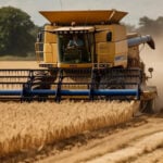 Tractor care lucrează pe un câmp de grâu, imagine ilustrativă pentru agricultura din România și exporturile de cereale.